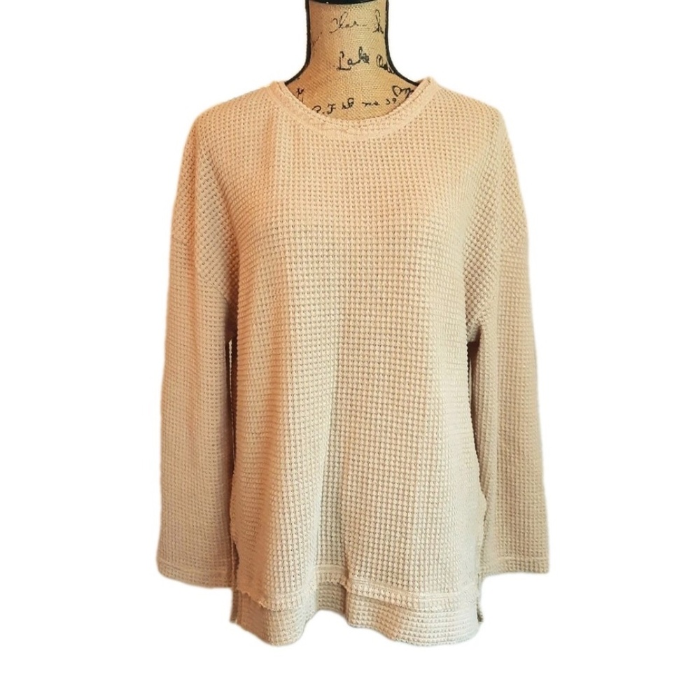 Women's Light Khaki Waffle Knit Hi-Low Pullover Long Sleeve Size L - NWOT